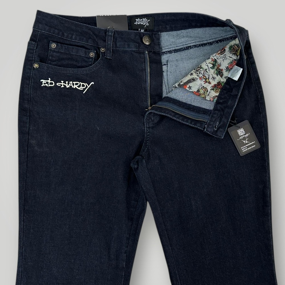 NEW Ed Hardy Jeans Skull Rose Women Size 32 Dark Wash Slim Flare Graphic Stretch - Picture 6 of 11